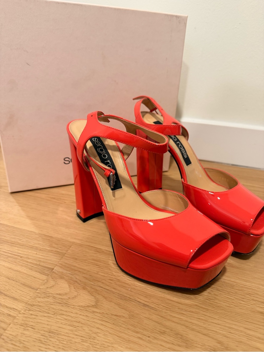 Sergio Rossi Coral Patent Platform Peep-Toe Sandals